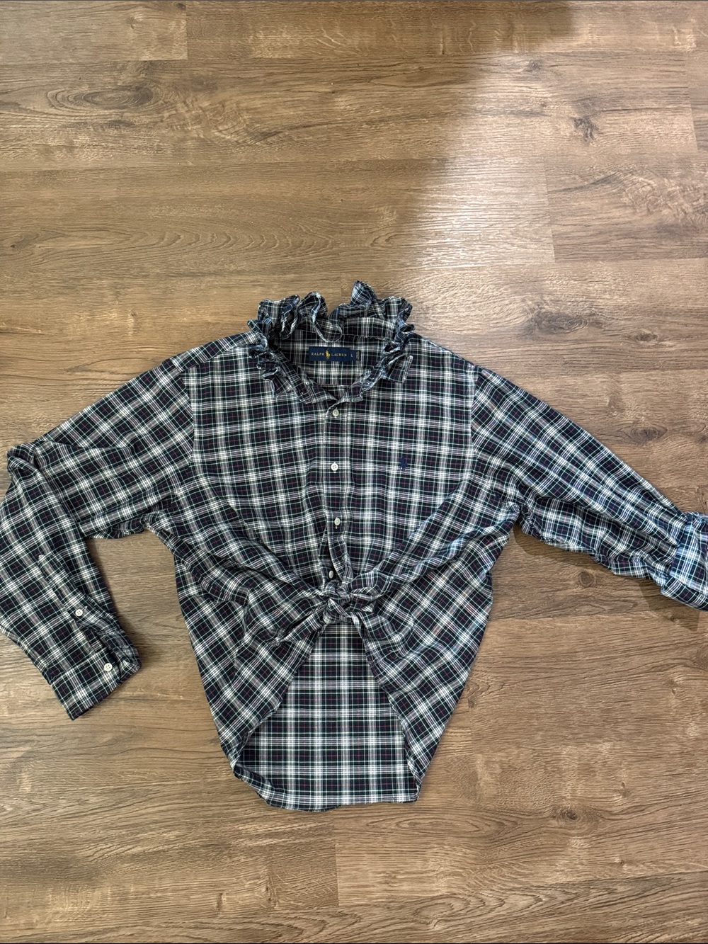 Upcycled Ralph Lauren Plaid Ruffle-Collar Button-Down Shirt - size large